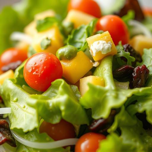 A close-up shot of a delicious and healthy salad with a variety of colorful vegetables and a light vinaigrette dressing.