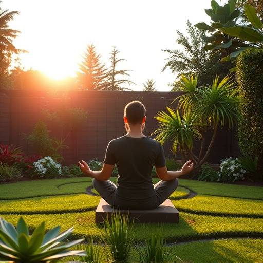 A person meditating outdoors in a peaceful garden, focusing on the present moment