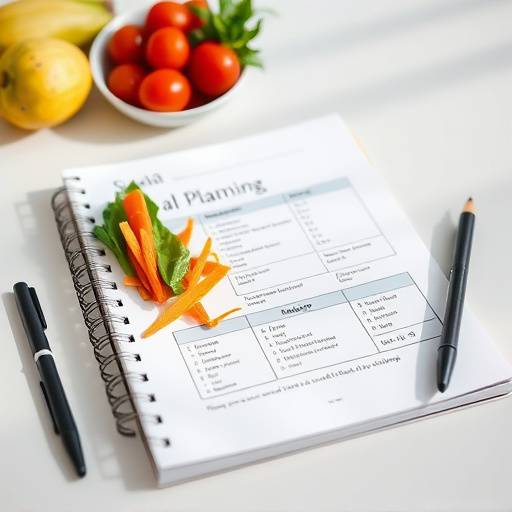 A person planning their meals for the week, using a notebook and pen, surrounded by healthy food options.